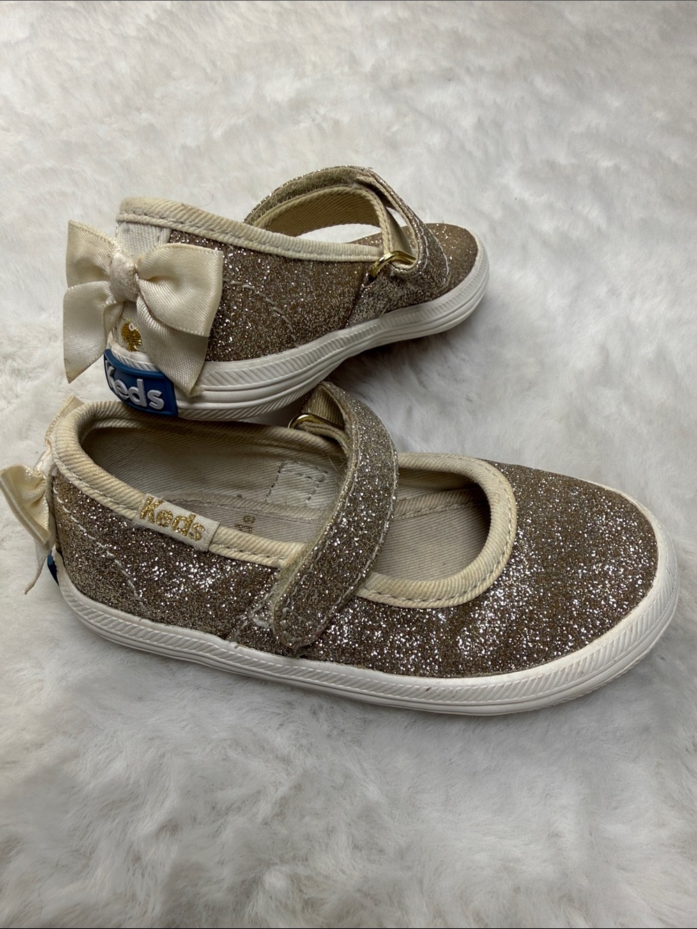 Keds x Kate Spade Sloane Toddler Mary Jane Shoes 5.5M Champagne Gold Glitter Bow